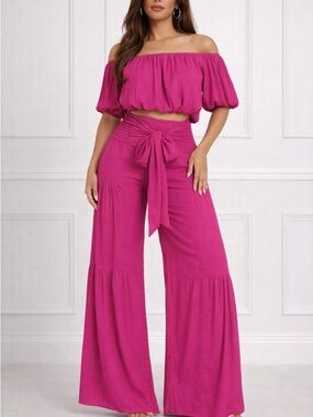 Off-Shoulder Crop Top & Wide Leg Pants Set - Magenta